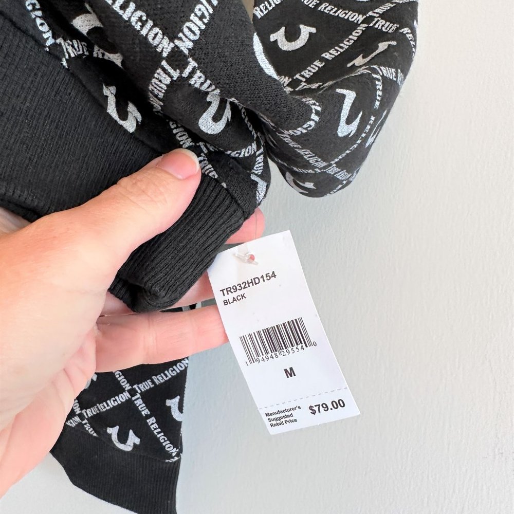 True Religion New Black & White Logo-Print Full Zip-Up Hoodie Youth MEDIUM - Picture 3 of 9